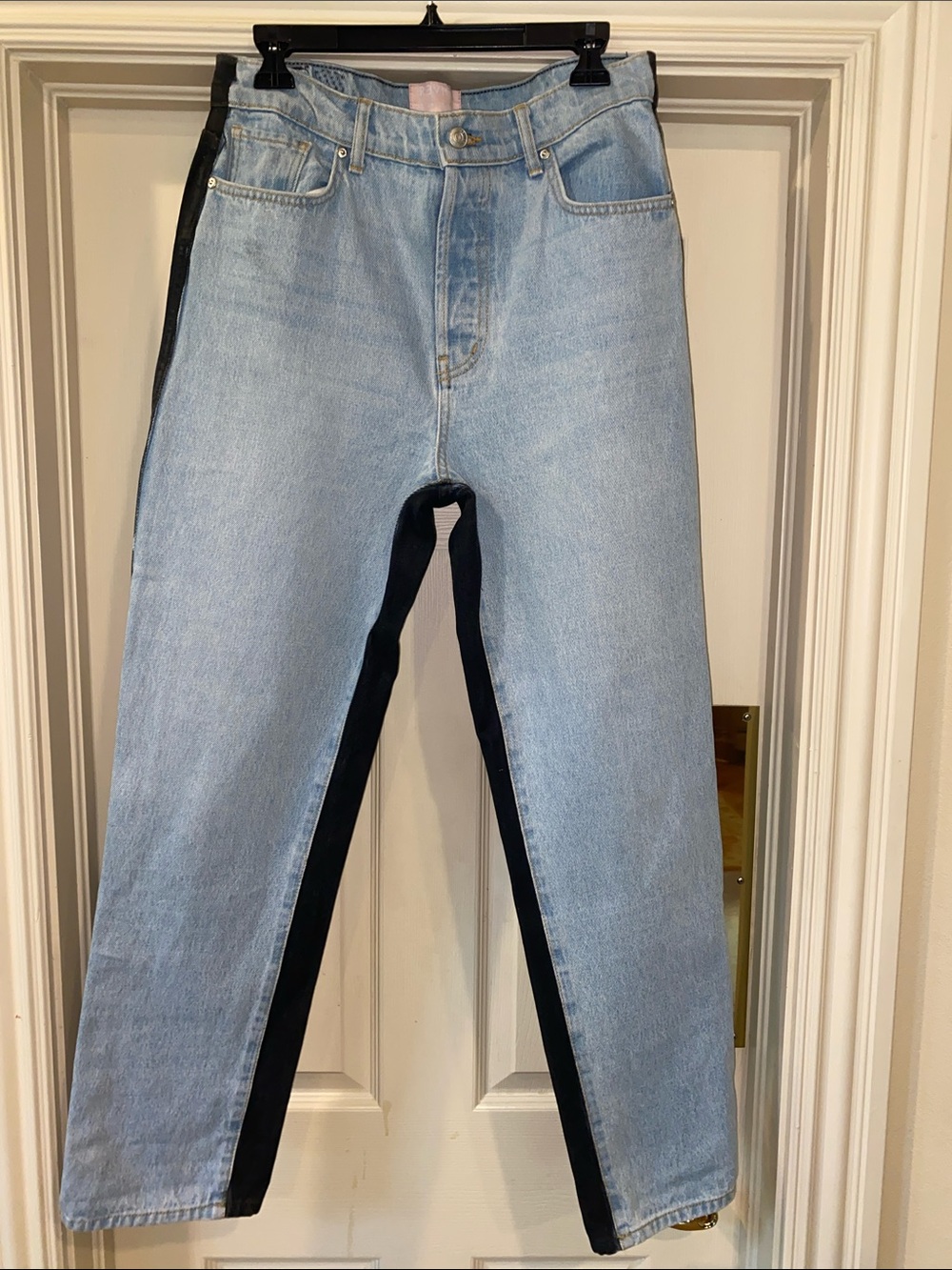 REVICE Two-Tone Straight Leg Jeans in Light Blue and Black